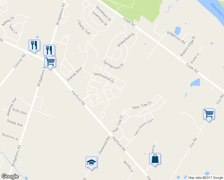 map of restaurants, bars, coffee shops, grocery stores, and more near 1 Firethorn Lane in Riverside