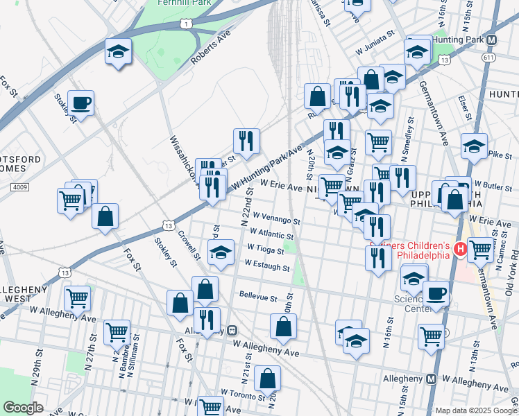 map of restaurants, bars, coffee shops, grocery stores, and more near 2127 West Venango Street in Philadelphia