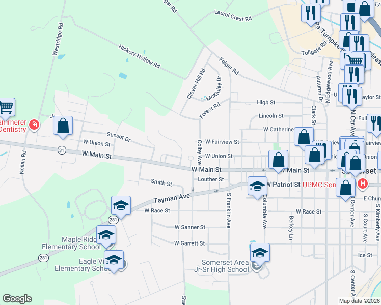map of restaurants, bars, coffee shops, grocery stores, and more near 108 Circle Drive in Somerset