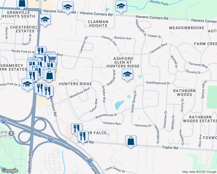 map of restaurants, bars, coffee shops, grocery stores, and more near 334 Dellfield Way in Columbus