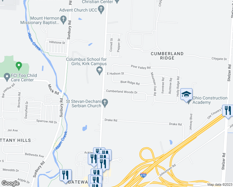 map of restaurants, bars, coffee shops, grocery stores, and more near 3045 Cumberland Woods Drive in Columbus