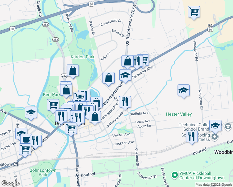map of restaurants, bars, coffee shops, grocery stores, and more near 363 East Lancaster Avenue in Downingtown
