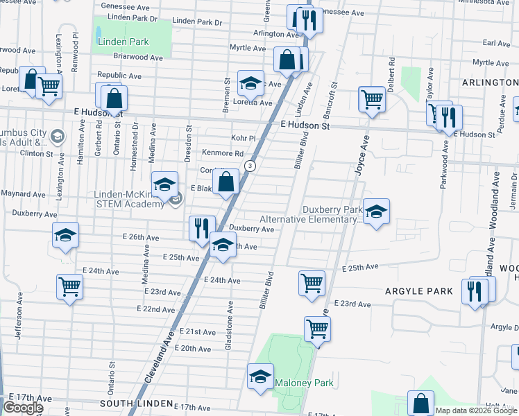 map of restaurants, bars, coffee shops, grocery stores, and more near 1536 East Maynard Avenue in Columbus