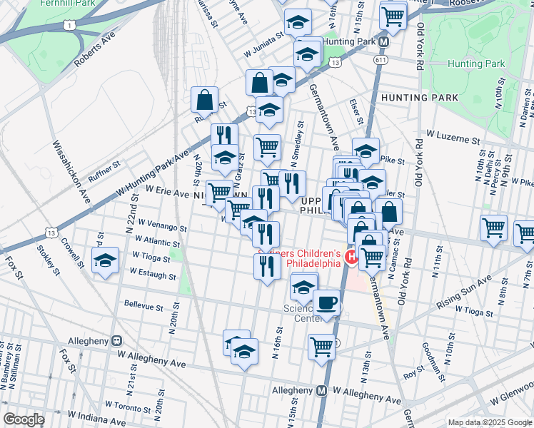 map of restaurants, bars, coffee shops, grocery stores, and more near 1706 West Erie Avenue in Philadelphia