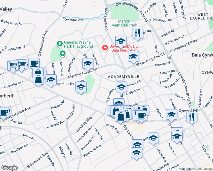 map of restaurants, bars, coffee shops, grocery stores, and more near 411 Haywood Road in Merion Station