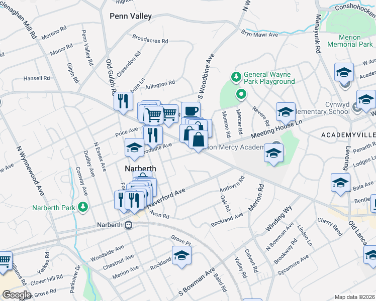 map of restaurants, bars, coffee shops, grocery stores, and more near 348 Meeting House Lane in Narberth