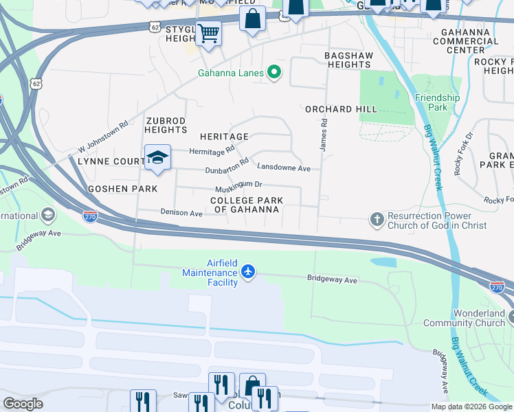 map of restaurants, bars, coffee shops, grocery stores, and more near 237 Saint Johns Court in Columbus