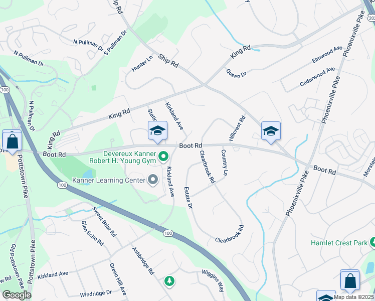 map of restaurants, bars, coffee shops, grocery stores, and more near 550 Boot Road in West Chester