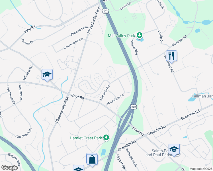 map of restaurants, bars, coffee shops, grocery stores, and more near 1261 Morstein Road in West Chester