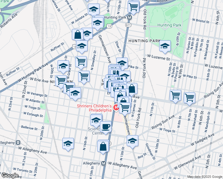map of restaurants, bars, coffee shops, grocery stores, and more near 1417 West Erie Avenue in Philadelphia