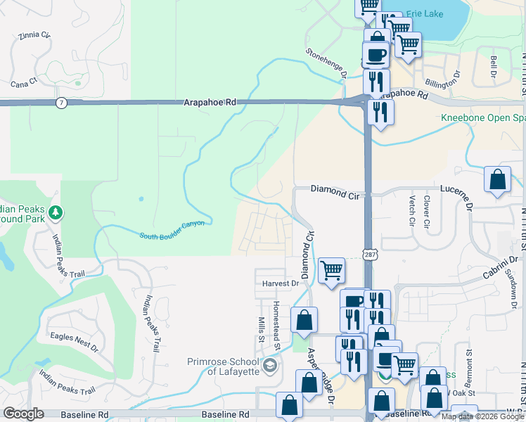 map of restaurants, bars, coffee shops, grocery stores, and more near 938 Hearteye Trail in Lafayette