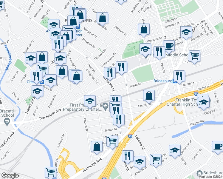 map of restaurants, bars, coffee shops, grocery stores, and more near 2108 Orthodox Street in Philadelphia