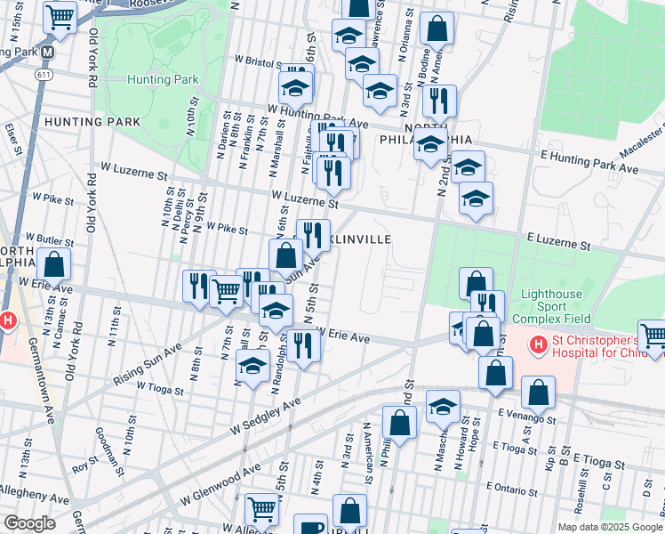 map of restaurants, bars, coffee shops, grocery stores, and more near 3840 North Lawrence Street in Philadelphia