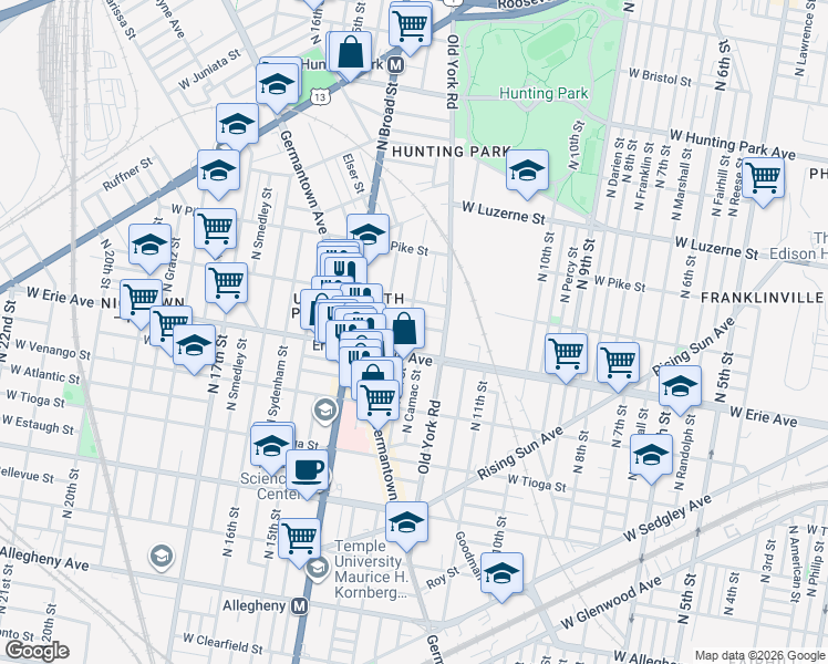 map of restaurants, bars, coffee shops, grocery stores, and more near 1230 West Airdrie Street in Philadelphia