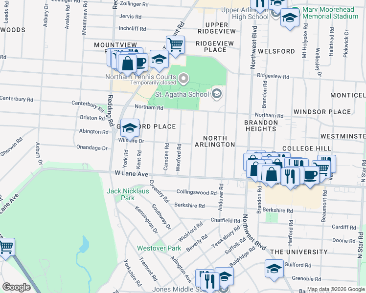 map of restaurants, bars, coffee shops, grocery stores, and more near 2626 Wexford Road in Columbus