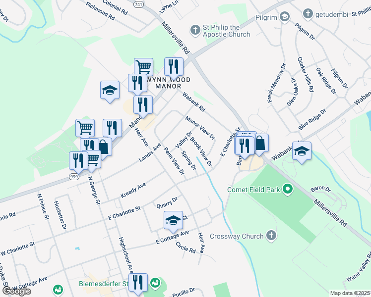 map of restaurants, bars, coffee shops, grocery stores, and more near 430 Spring Drive in Millersville