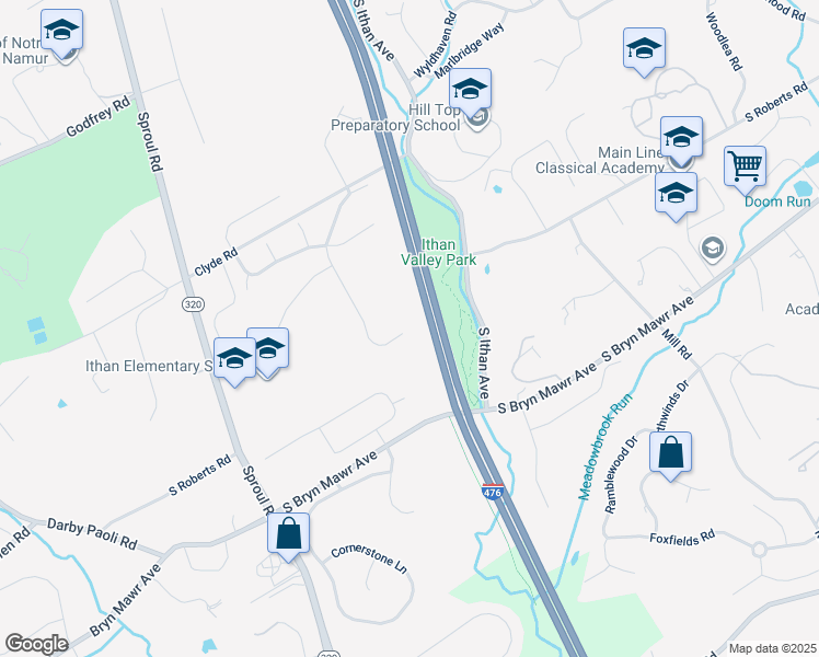 map of restaurants, bars, coffee shops, grocery stores, and more near 39 Haymarket Lane in Bryn Mawr