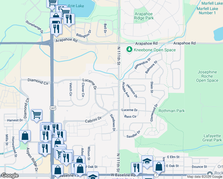 map of restaurants, bars, coffee shops, grocery stores, and more near 913 Troy Street in Lafayette
