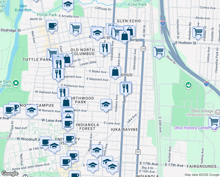 map of restaurants, bars, coffee shops, grocery stores, and more near Indianola Ave & E Patterson Ave in Columbus