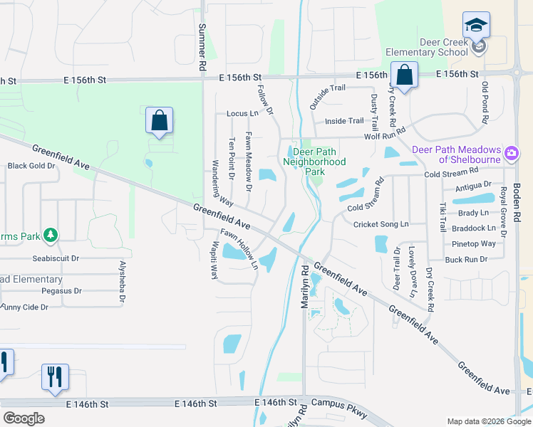 map of restaurants, bars, coffee shops, grocery stores, and more near 15190 Bird Watch Way in Noblesville