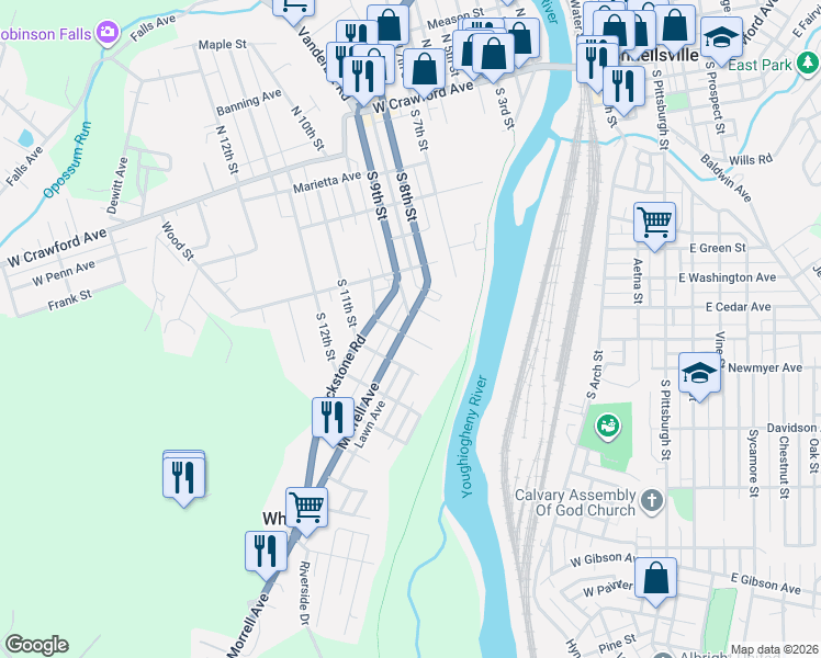 map of restaurants, bars, coffee shops, grocery stores, and more near 617 Morrell Avenue in Connellsville