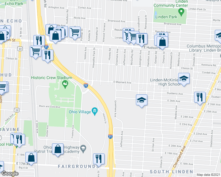 map of restaurants, bars, coffee shops, grocery stores, and more near 2170 Howey Road in Columbus