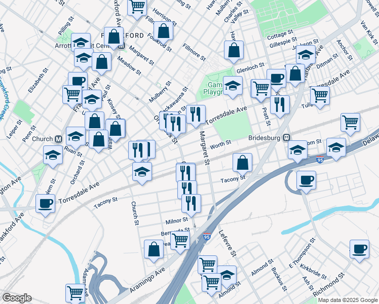 map of restaurants, bars, coffee shops, grocery stores, and more near 4612 Worth Street in Philadelphia