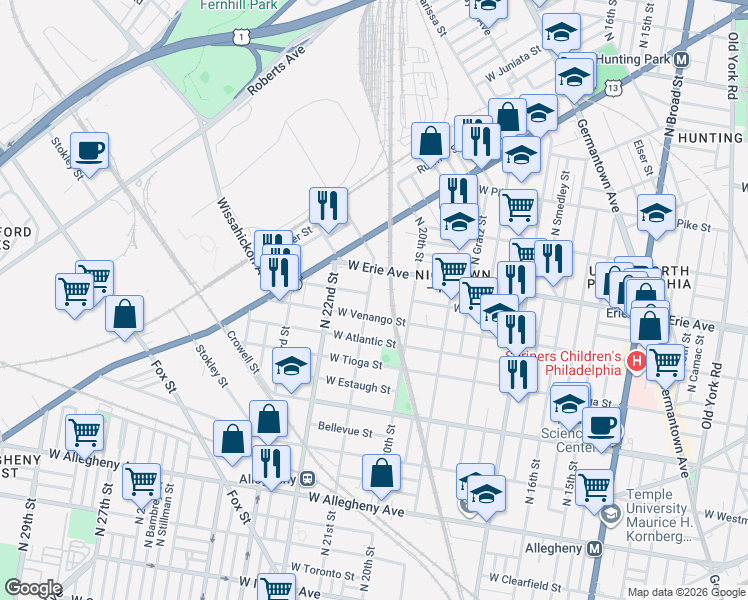 map of restaurants, bars, coffee shops, grocery stores, and more near 3623 North 21st Street in Philadelphia