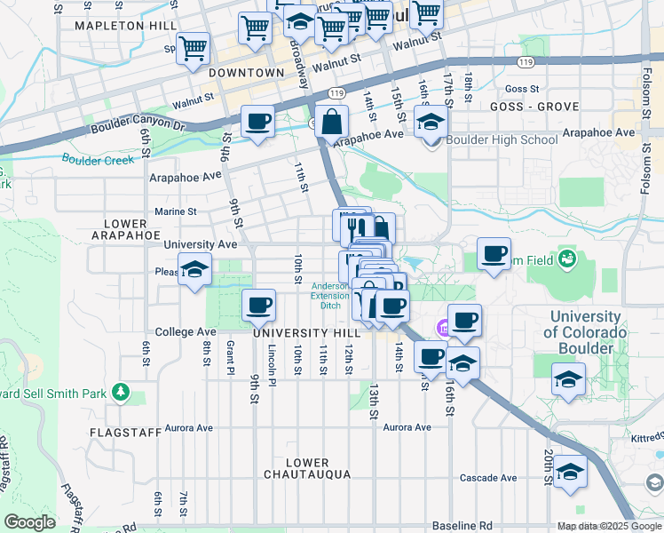 map of restaurants, bars, coffee shops, grocery stores, and more near 1133 Pleasant Street in Boulder