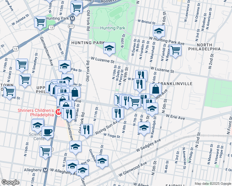 map of restaurants, bars, coffee shops, grocery stores, and more near 3757 North Delhi Street in Philadelphia