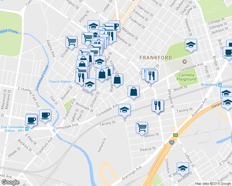 map of restaurants, bars, coffee shops, grocery stores, and more near 4321 Tackawanna Street in Philadelphia