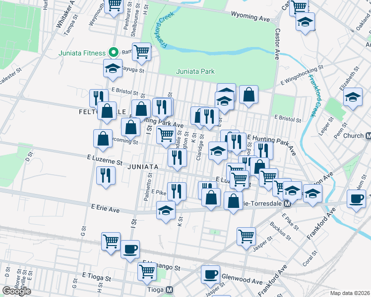map of restaurants, bars, coffee shops, grocery stores, and more near 1129 East Lycoming Street in Philadelphia