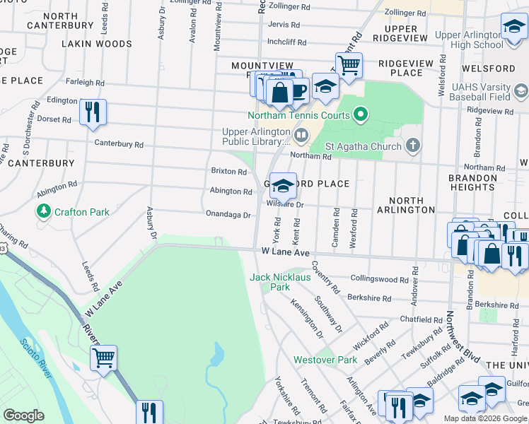 map of restaurants, bars, coffee shops, grocery stores, and more near in Upper Arlington