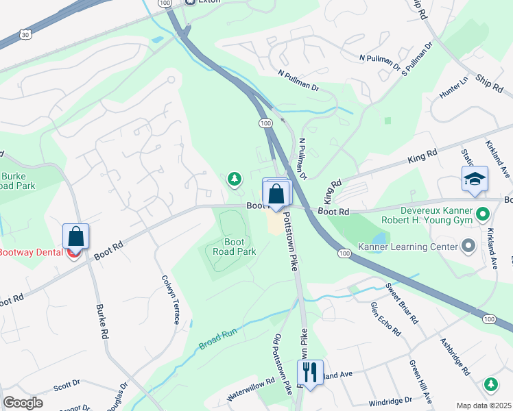 map of restaurants, bars, coffee shops, grocery stores, and more near 55 West Boot Road in West Chester