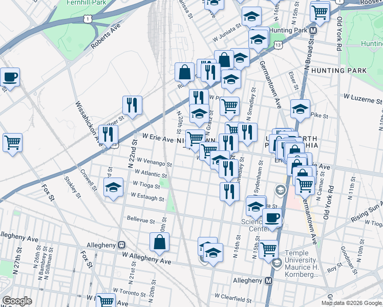 map of restaurants, bars, coffee shops, grocery stores, and more near 3621 North 19th Street in Philadelphia