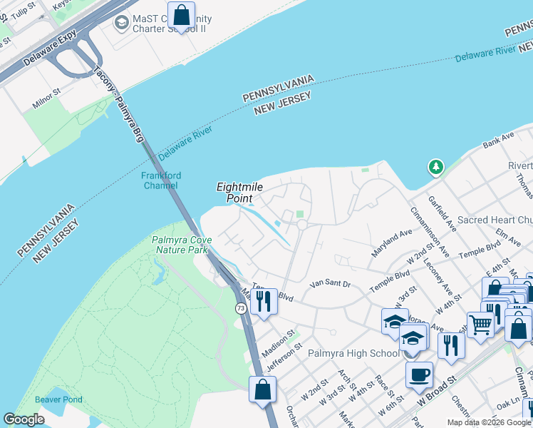 map of restaurants, bars, coffee shops, grocery stores, and more near 1103 Lakeside Drive in Palmyra