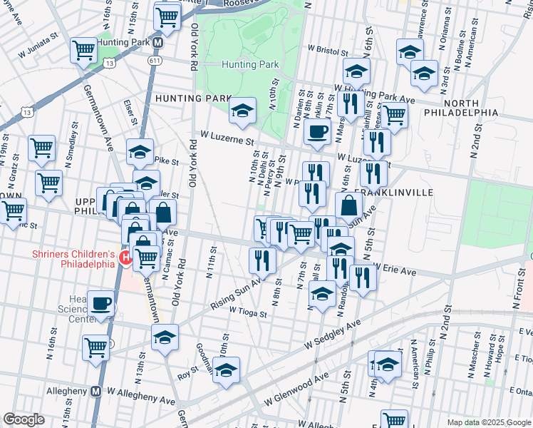 map of restaurants, bars, coffee shops, grocery stores, and more near 3757 North Percy Street in Philadelphia