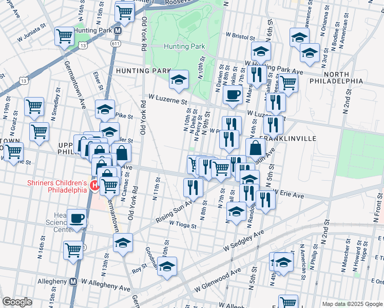 map of restaurants, bars, coffee shops, grocery stores, and more near 3758 North Percy Street in Philadelphia