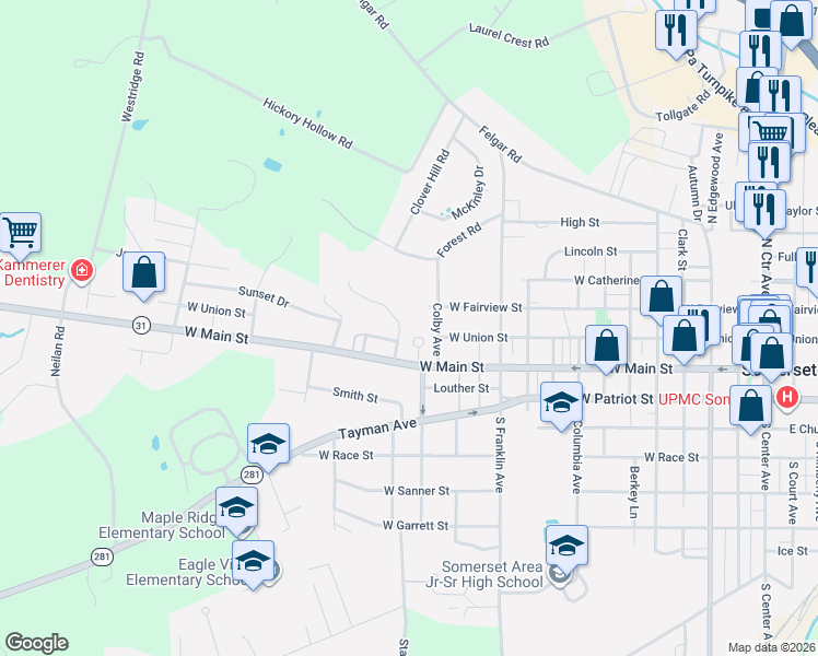 map of restaurants, bars, coffee shops, grocery stores, and more near 108 Circle Drive in Somerset