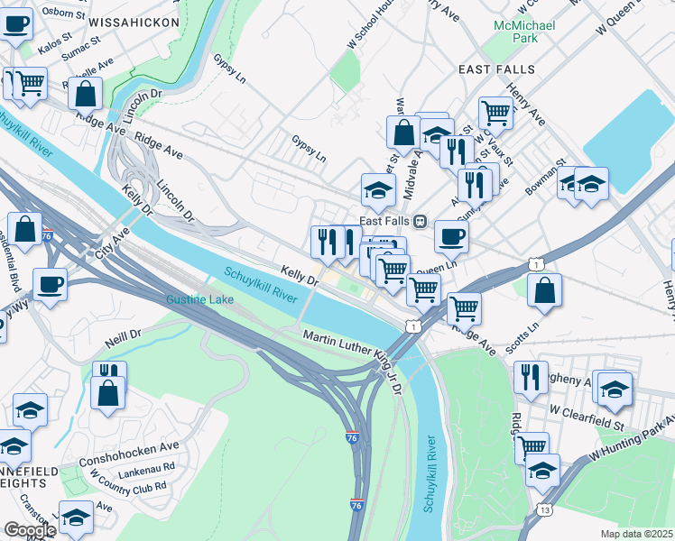 map of restaurants, bars, coffee shops, grocery stores, and more near 4255 Ridge Avenue in Philadelphia