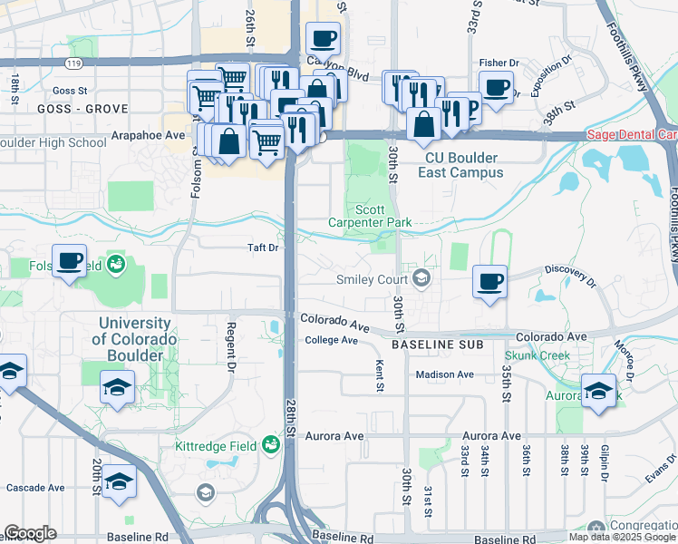map of restaurants, bars, coffee shops, grocery stores, and more near 2882 Sundown Lane in Boulder
