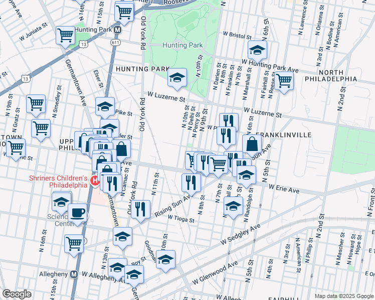 map of restaurants, bars, coffee shops, grocery stores, and more near 3757 North Delhi Street in Philadelphia