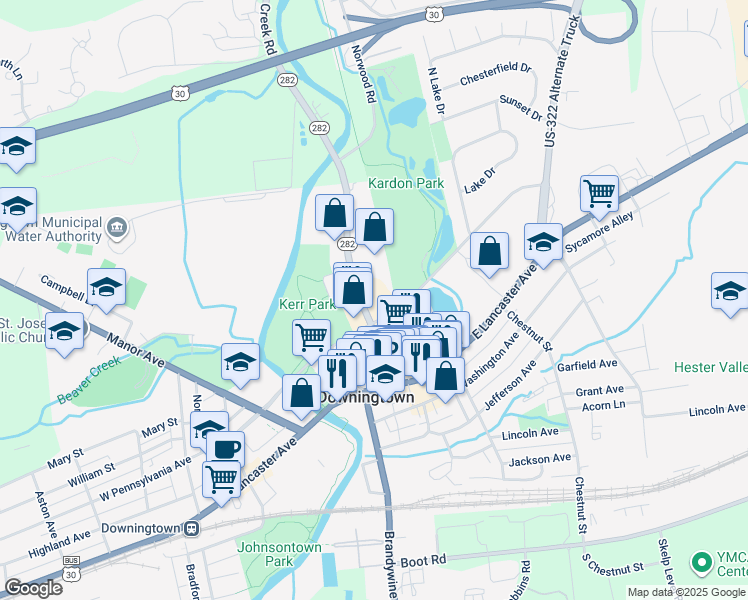 map of restaurants, bars, coffee shops, grocery stores, and more near 116 Wallace Avenue in Downingtown
