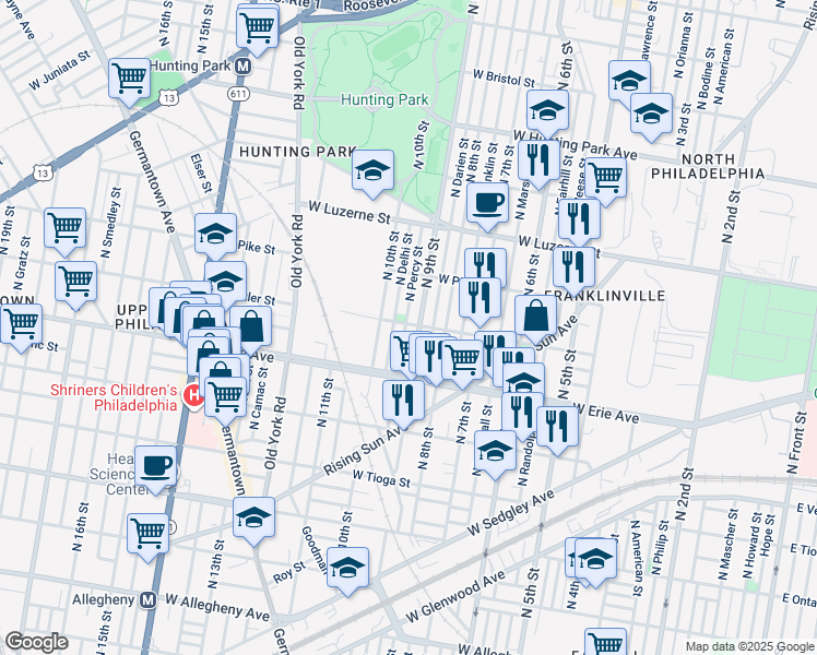 map of restaurants, bars, coffee shops, grocery stores, and more near 3761 North Percy Street in Philadelphia
