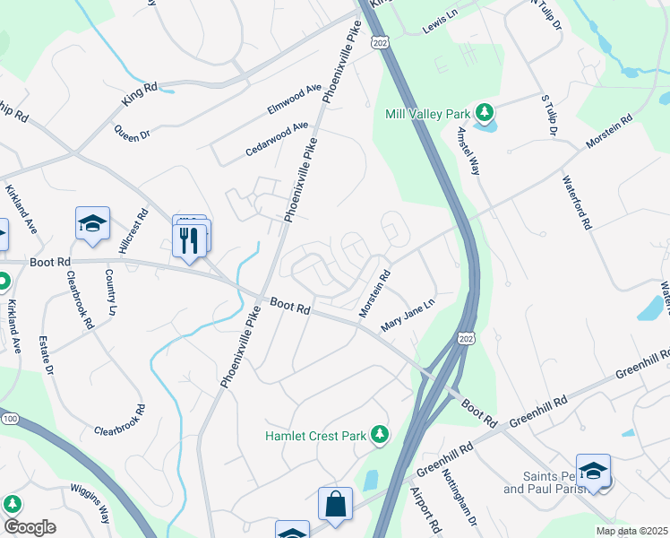 map of restaurants, bars, coffee shops, grocery stores, and more near 192 Longford Road in West Chester