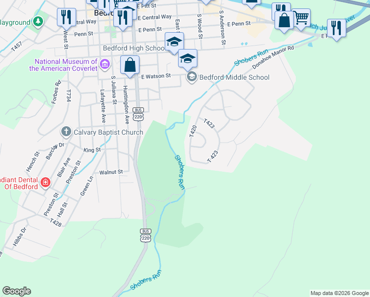 map of restaurants, bars, coffee shops, grocery stores, and more near 203-233 Arandale St in Bedford