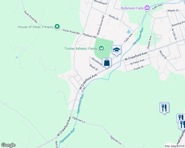 map of restaurants, bars, coffee shops, grocery stores, and more near 2108 West Crawford Avenue in Connellsville