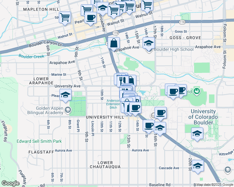 map of restaurants, bars, coffee shops, grocery stores, and more near 1155 Pleasant Street in Boulder