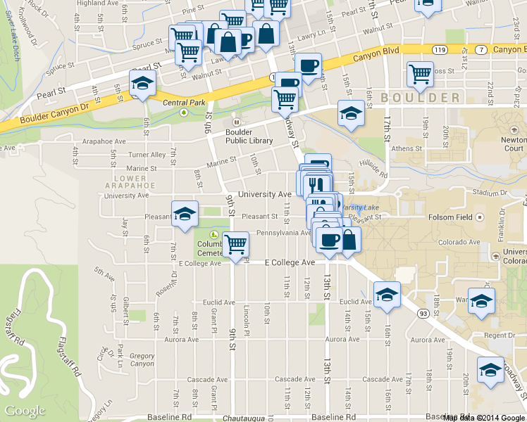 map of restaurants, bars, coffee shops, grocery stores, and more near 971 Pleasant Street in Boulder