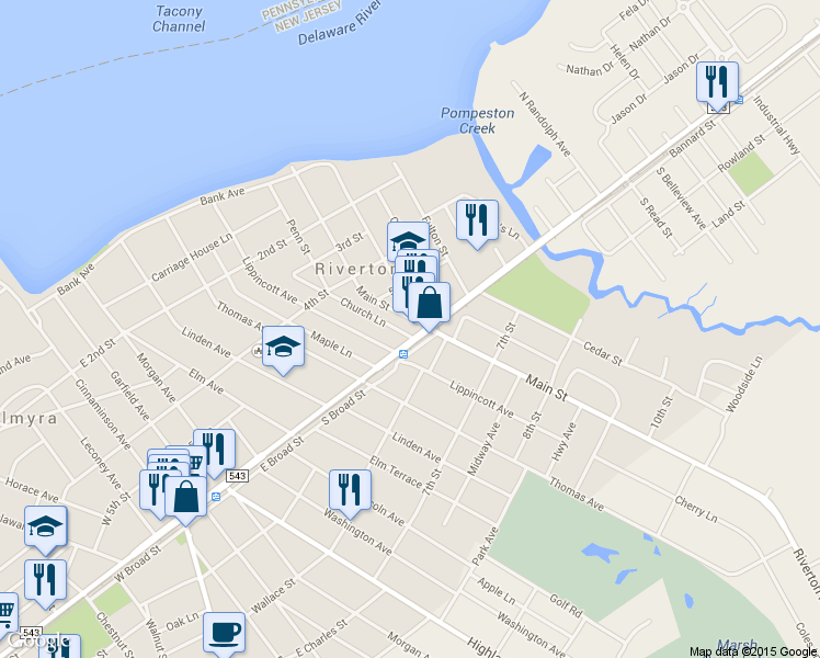 map of restaurants, bars, coffee shops, grocery stores, and more near 421-1/2 Lippincott Avenue in Riverton